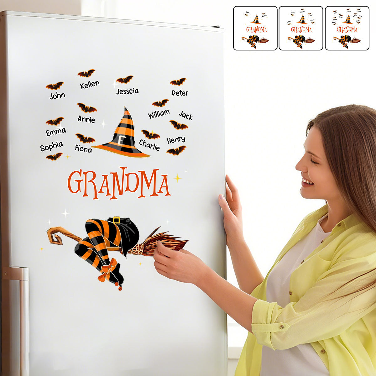 Personalized Grandma Witch Decal With 1-12 Names,Funny Witch Wall Sticker,Halloween Gift For Grandma & Mom