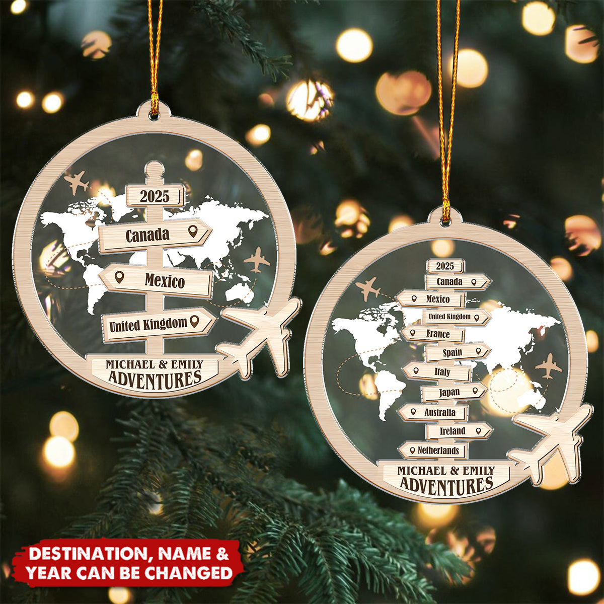 Personalized Travel Ornament - Custom Engraved Destination Map, Names & Year | Unique Anniversary & Christmas Gift For Couples & Travel Lover