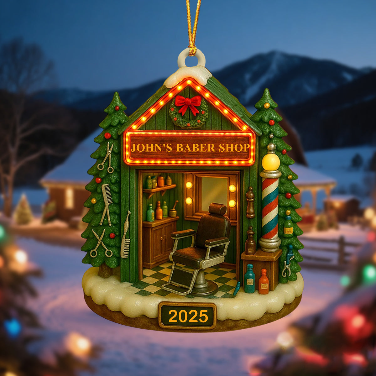 Custom Barber Shop Christmas Ornament - Personalized Name & Year Wooden Gift For Barbers, Hairstylists, Barbershop Decor