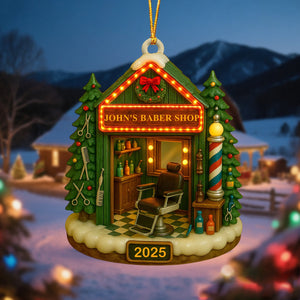 Custom Barber Shop Christmas Ornament - Personalized Name & Year Wooden Gift for Barbers, Hairstylists, Barbershop Decor