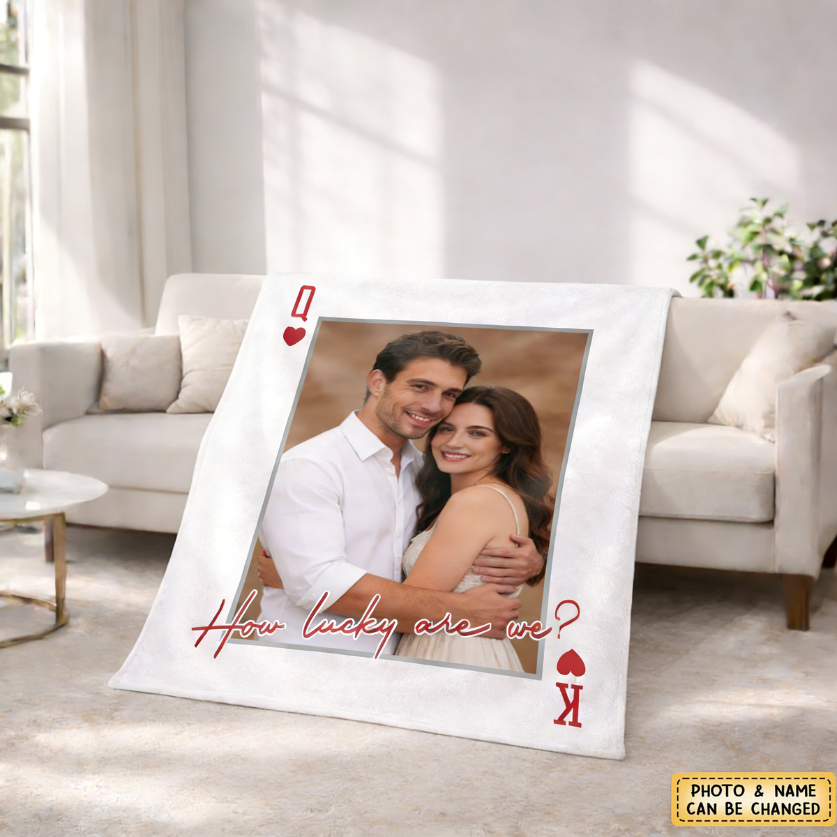 Personalized Always And Forever Playing Card Portrait Blanket With Photo & Initial Letter | Romantic Anniversary Valentine's Day Gift For Couples