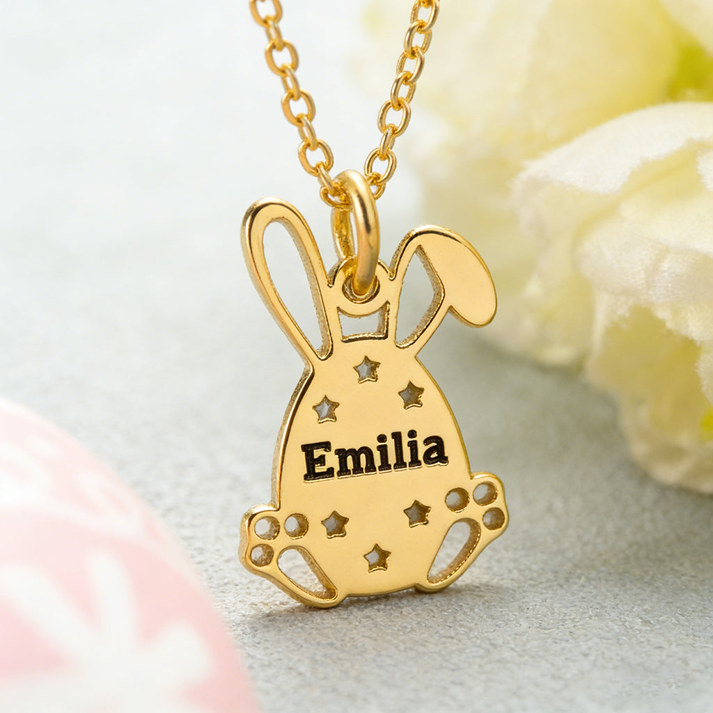 Personalized Cut-out Rabbit Finish Easter Bunny Necklace With Engraved Name & Color - Creative Easter Basket Present For Kids & Teens