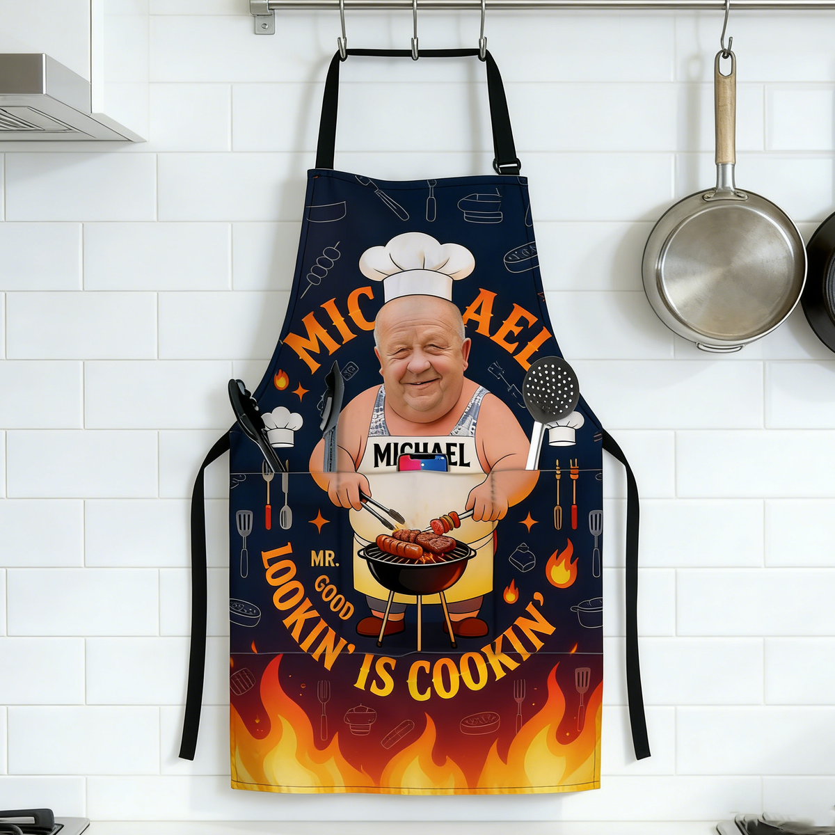 Personalized "Good Lookin' Is Cookin" Funny BBQ Apron With Photo & Name - Father's Day Gift For Dad