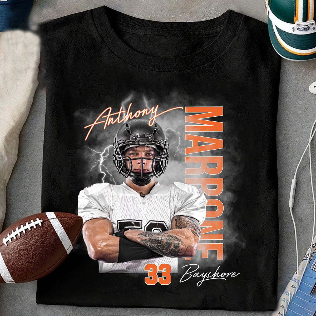 Personalized Football Player Photo Custom T-Shirt With Name & Number Show Sporty Style For Football Lover For Dad Husband Friend