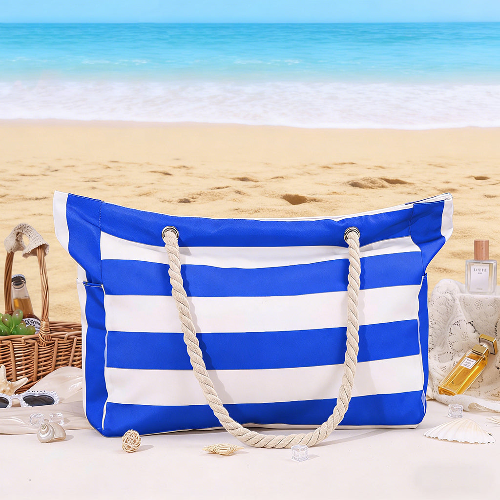 Personalized Waterproof Striped Beach Bag With Embroidered Name - Vacation Gift For Women