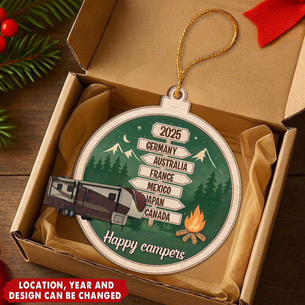 Personalized Camping Woodland Adventure Ornament With 1-6 Locations & Year Nature Adventure Holiday Gift For Adventure Lover
