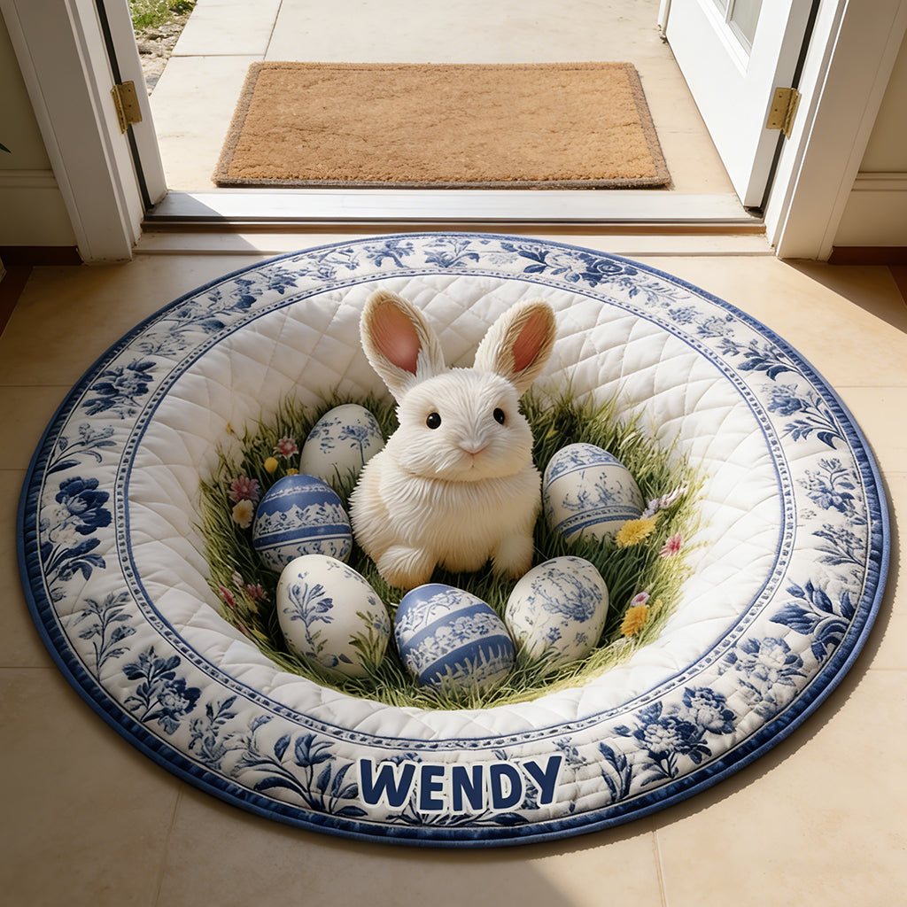 Personalized Vintage Bunny Toile de Jouy Round Mat With Name - Easter Home Decor For Kids