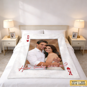 Personalized Always And Forever Playing Card Portrait Blanket With Photo & Initial Letter | Romantic Anniversary Valentine's Day Gift For Couples