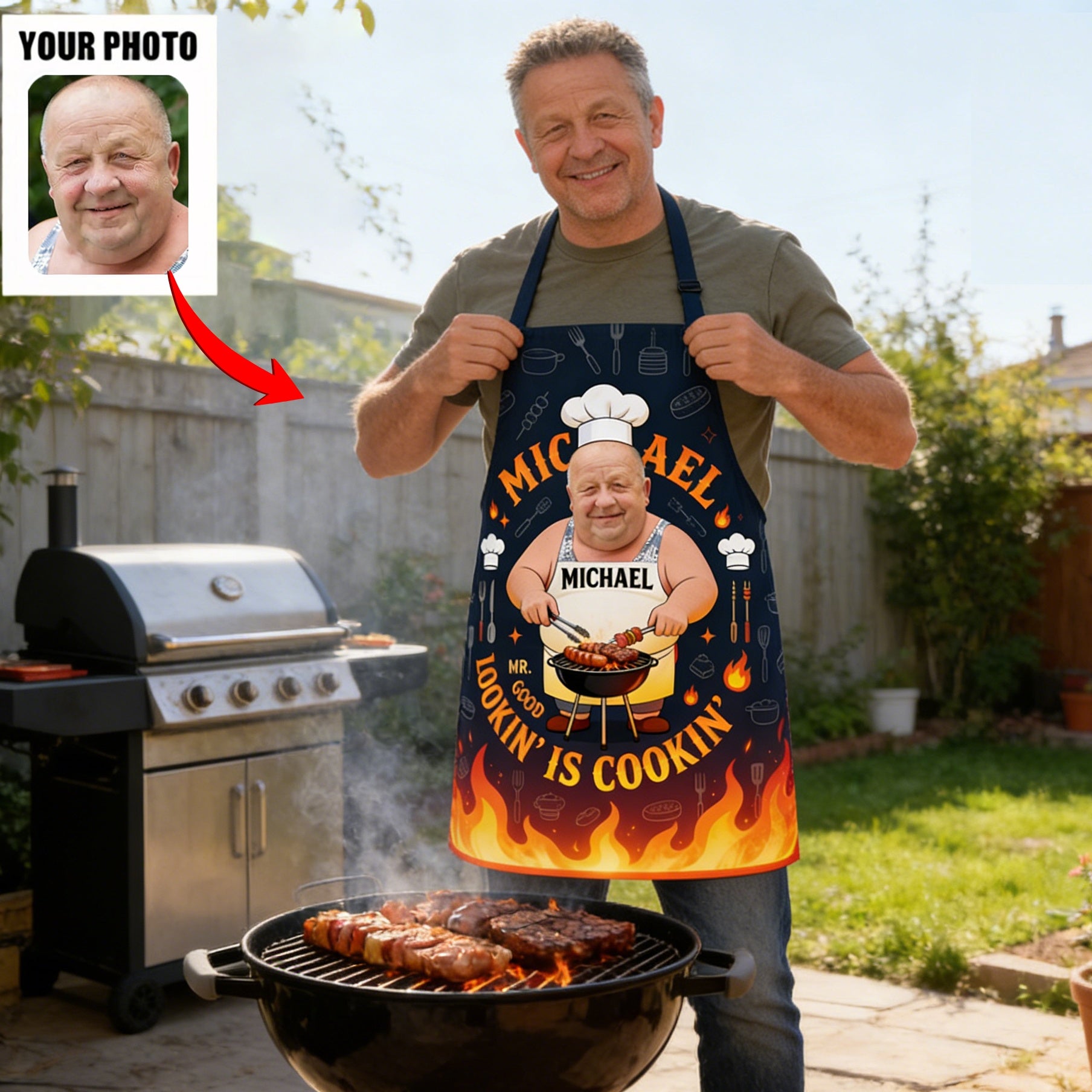Personalized "Good Lookin' Is Cookin" Funny BBQ Apron With Photo & Name - Father's Day Gift For Dad