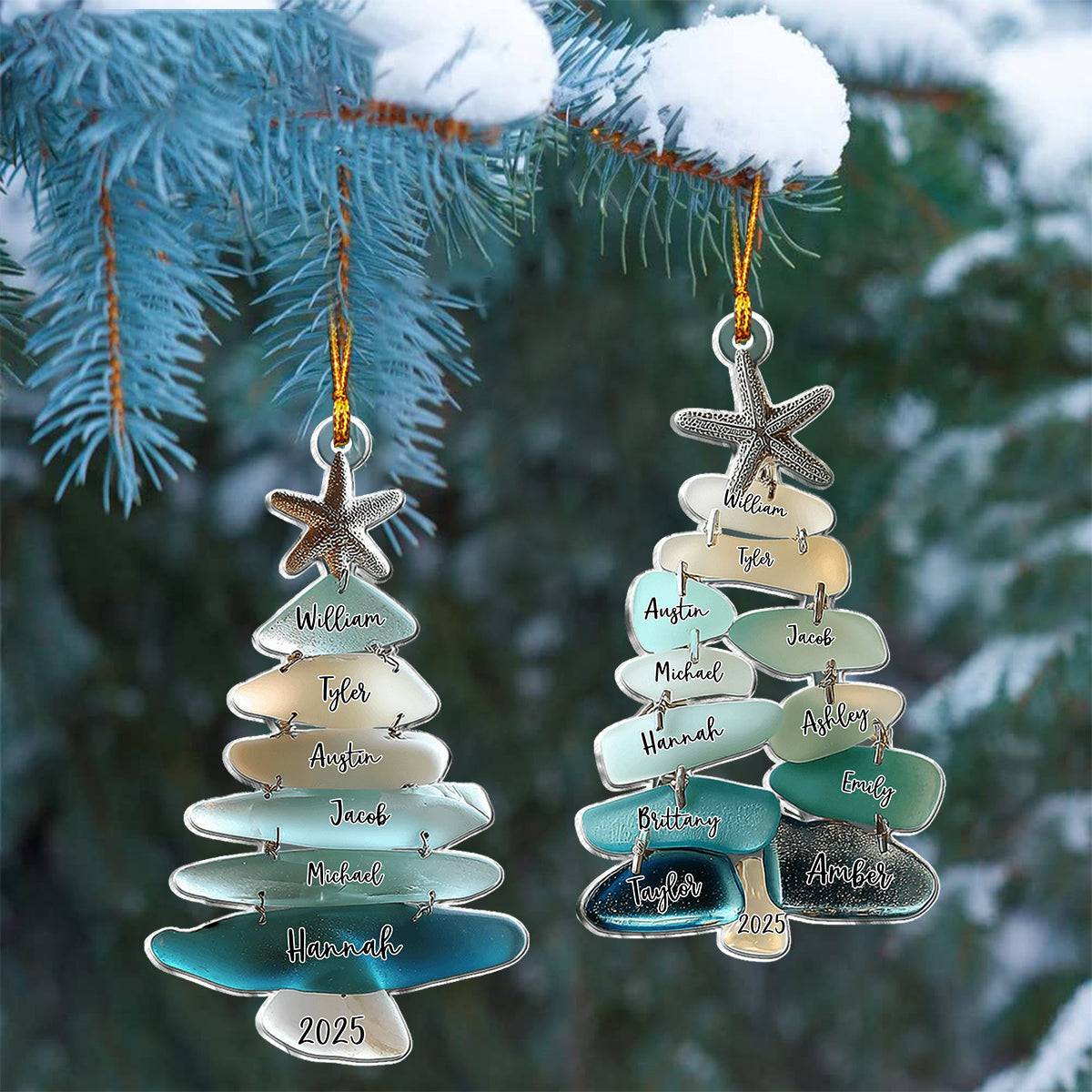 Personalized Family Sea Glass Christmas Starfish Tree Acrylic Ornament With 1-15 Names And Year Festive Winter Gift For Family