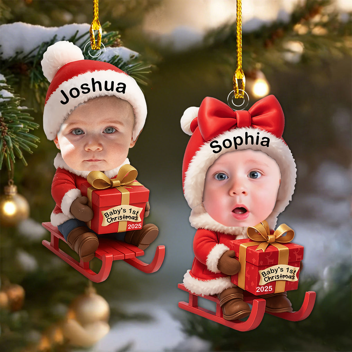 Personalized Baby Cheering On The Sled Ornament With Name Year & Photo Record Baby's 1st Christmas For Family