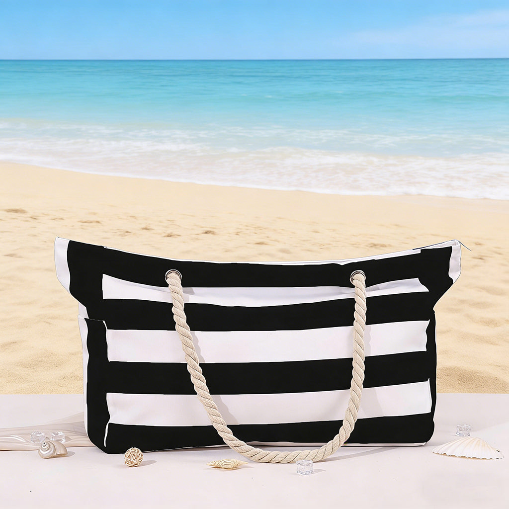 Personalized Waterproof Striped Beach Bag With Embroidered Name - Vacation Gift For Women