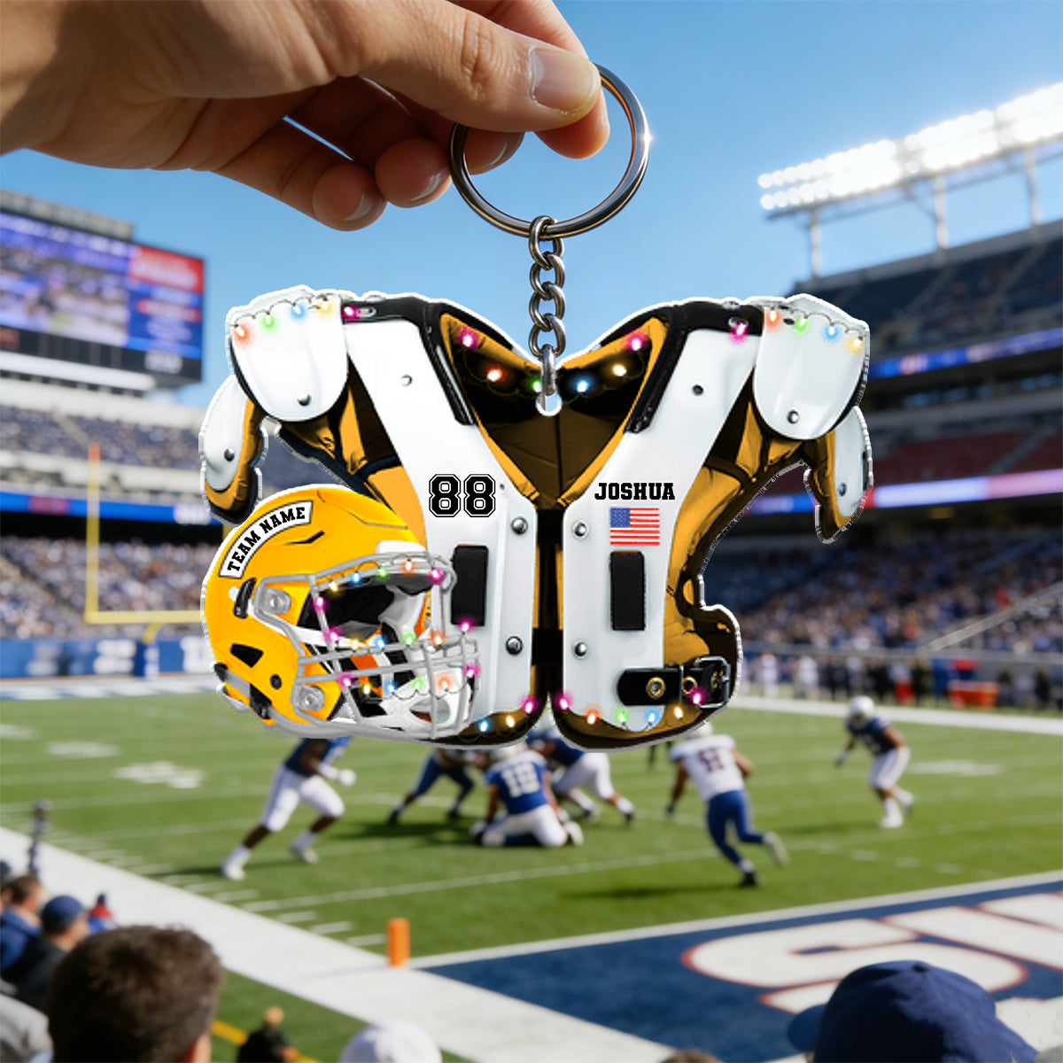 Personalized American Football Shoulder Pads & Helmet Keychain With Name & Color & Number | Unique Sporty Gift For Teenagers & Athletes