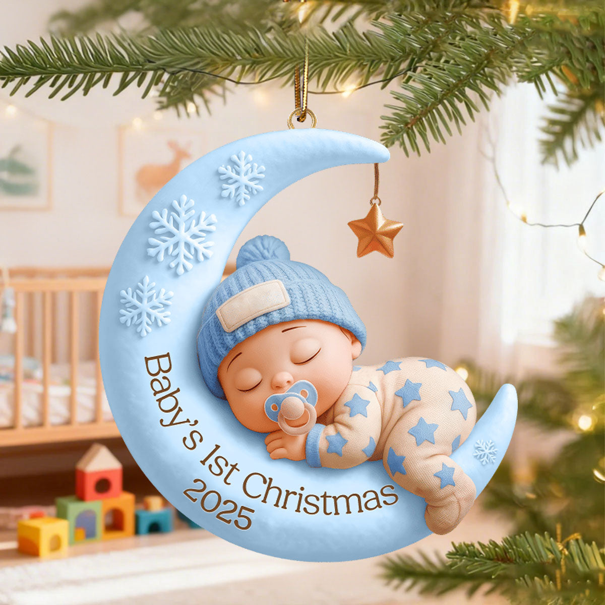 Personalized Sleeping Moon Angel Baby Ornament  - Baby's 1st Christmas Warmth For Family