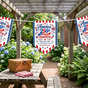 Custom Name America 250th Anniversary Banner With Flag Firework Graphic For 4th Of July Party Decor