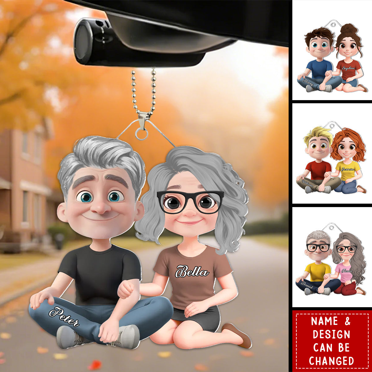 Personalized Cartoon Acrylic Car Hanging Ornament With Names & Design | Unique Anniversary Valentine's Day Gift For Couples