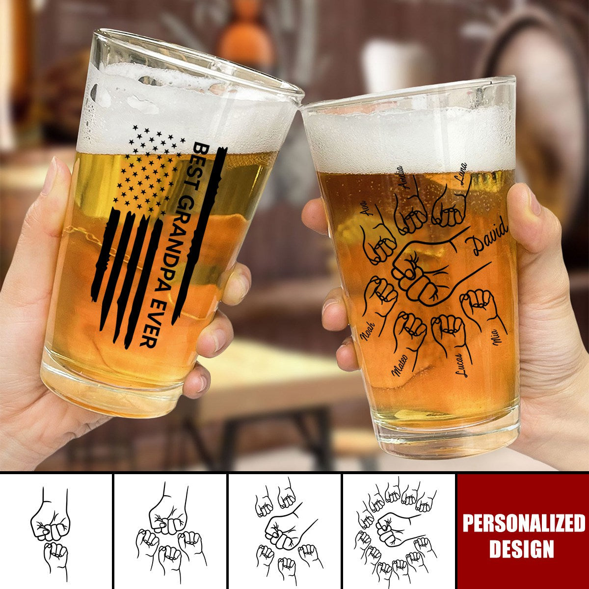 Personalized "Best Dad Papa Grandpa Ever" Beer Glass -Fist Outline Flag Pattern, Custom Name Picture, Birthday, Christmas, Anniversary Gift For Him