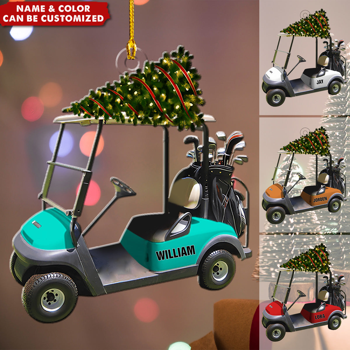 Personalized Golf Cart Christmas Decoration - Name & Color Customize | Clubs decoration | Perfect Festive Decor For Golf Lovers