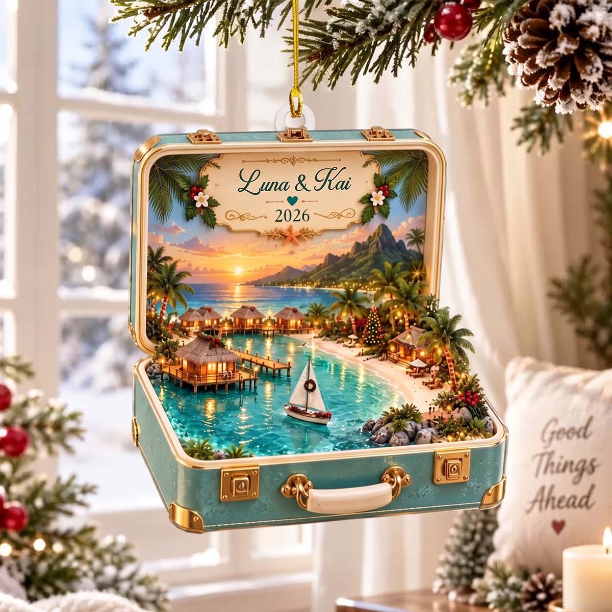 Personalized Suitcase Travel Scenery Acrylic Ornament | Romantic Travel Memory Keepsake, Christmas Gift For Couple