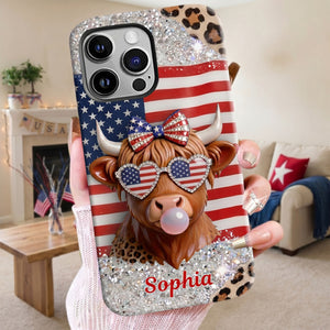 Personalized Highland Cow Phone Case Glitter Leopard | 250th US Anniversary Holiday Gift