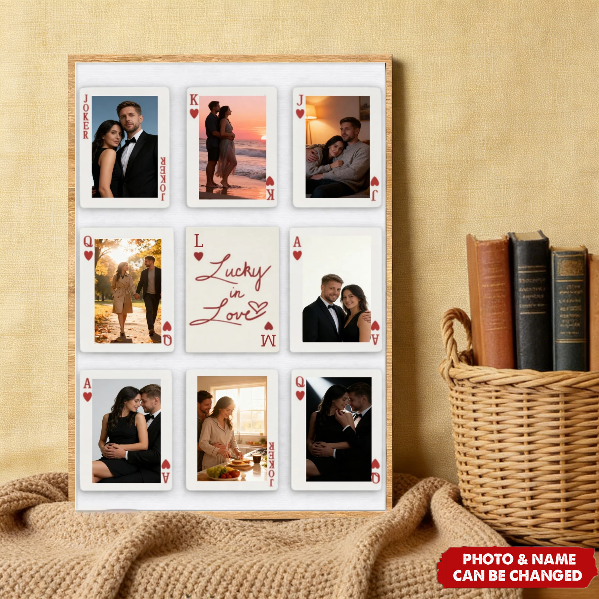 Personalized Lucky In Love Playing Cards Vertical Poster With 8 Photos & Names - Valentine's Day Anniversary Gift For Couples & Soulmates