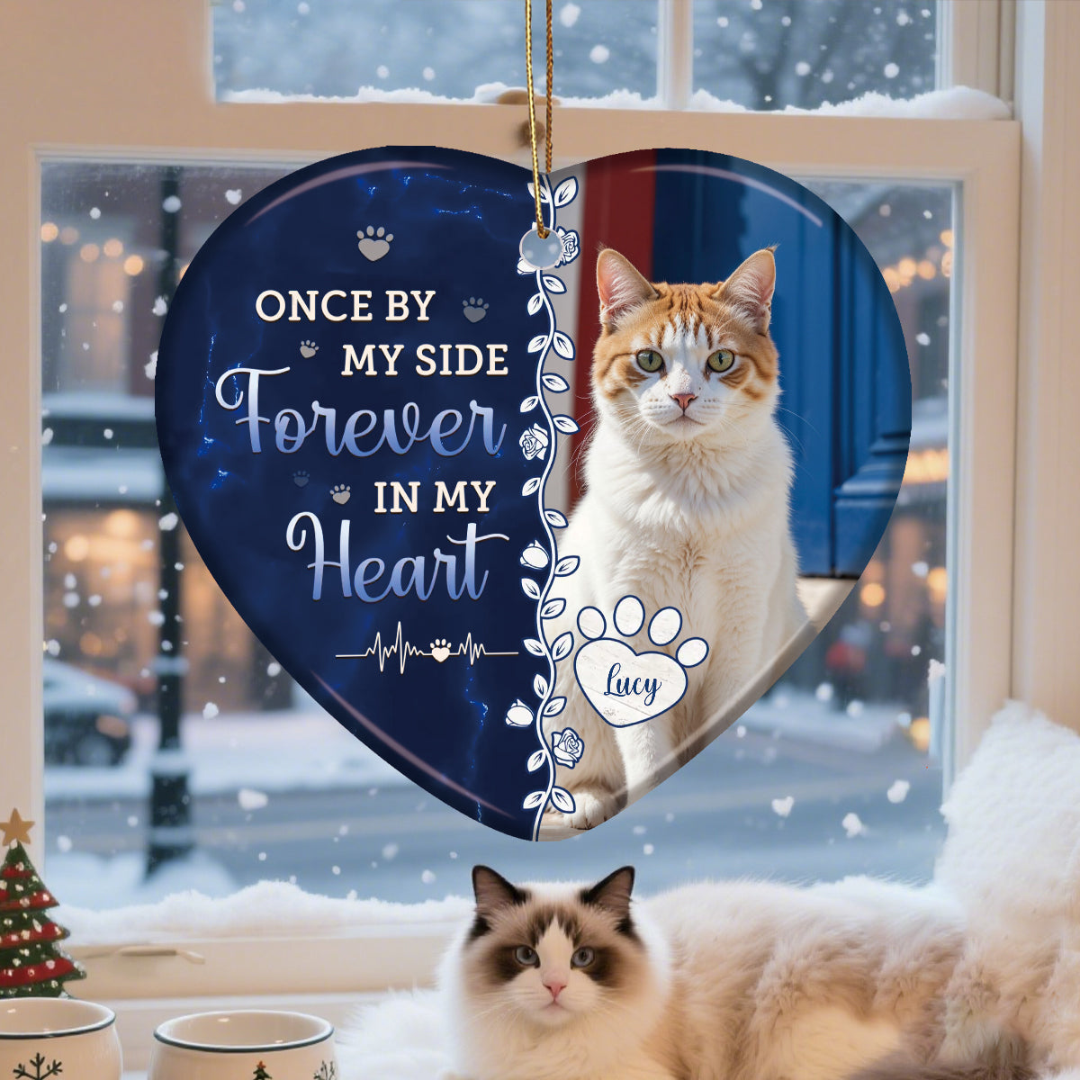 Personalized Memorial Pet Ceramic Ornament With Photo & Name "Once By My Side Forever In My Heart" For Loved Dog & Cat in Heaven