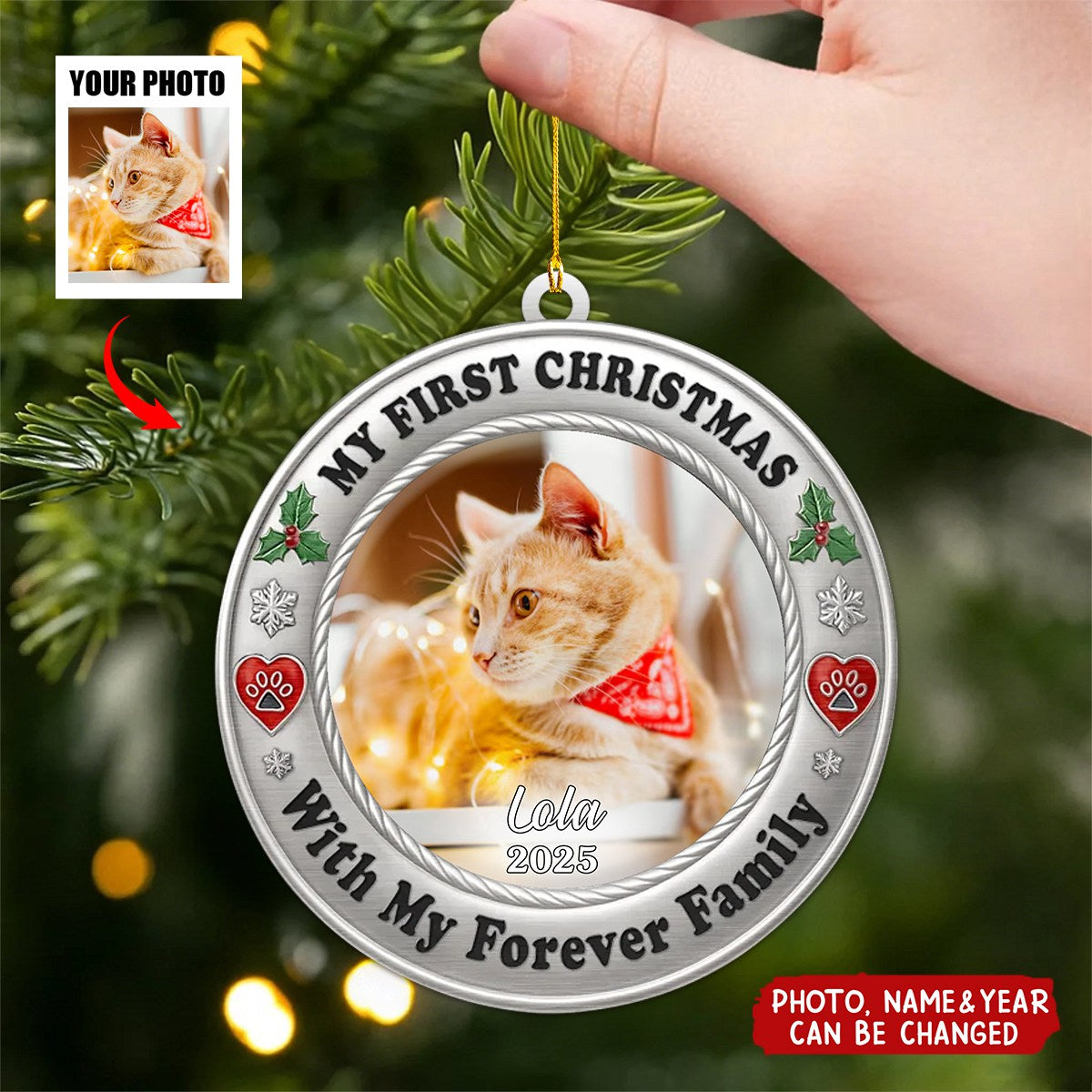 Personalized Pet Photo Metal Ornament With Name & Year,Perfect Christmas Birthday Gifts For Dog Cat Lovers