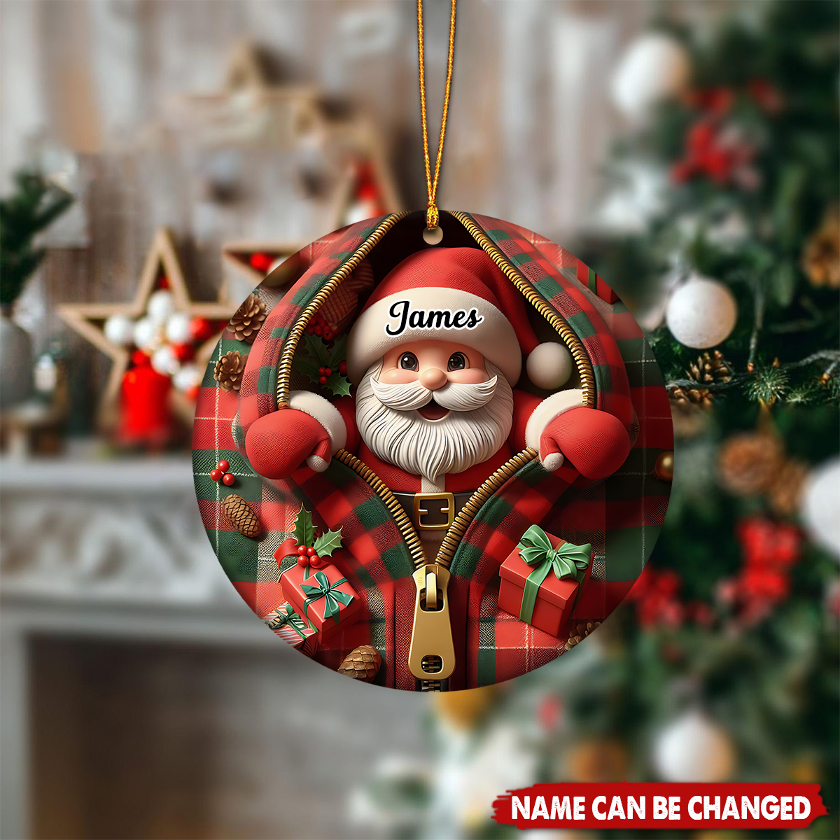 Personalized Funny Zipper Plaid Santa Ceramic Christmas Ornament With Name - Humorous Holiday Decor For Family Friends