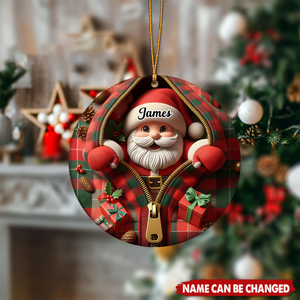 Personalized Funny Zipper Plaid Santa Ceramic Christmas Ornament With Name - Humorous Holiday Decor For Family Friends