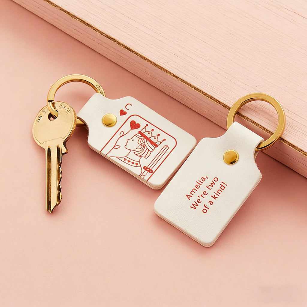 Personalized Playing Card Queen Leather Keychain With Initials & Message - Valentine's Day Gift For Couples