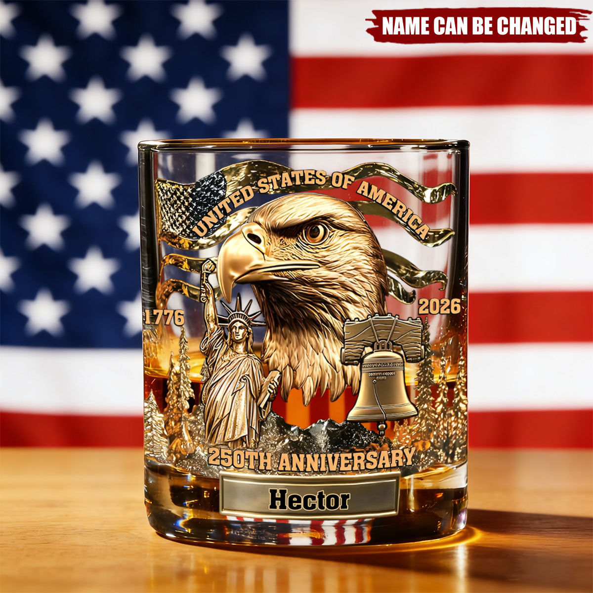 Personalized 250th Anniversary Vintage Whiskey Glass With Name & Bald Eagle - Independence Day Father's Day Gift For Grandpa Or Dad