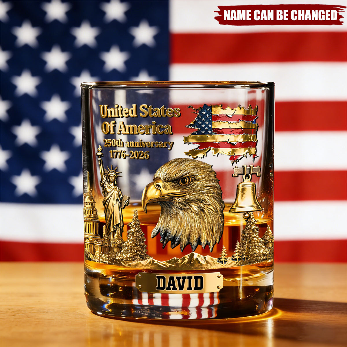 Personalized 250th Anniversary Vintage Style Whiskey Glass With Name & Bald Eagle Design - Unique Independence Day Gift For Men & Veterans