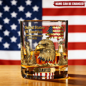 Personalized 250th Anniversary Vintage Style Whiskey Glass With Name & Bald Eagle Design - Unique Independence Day Gift For Men & Veterans