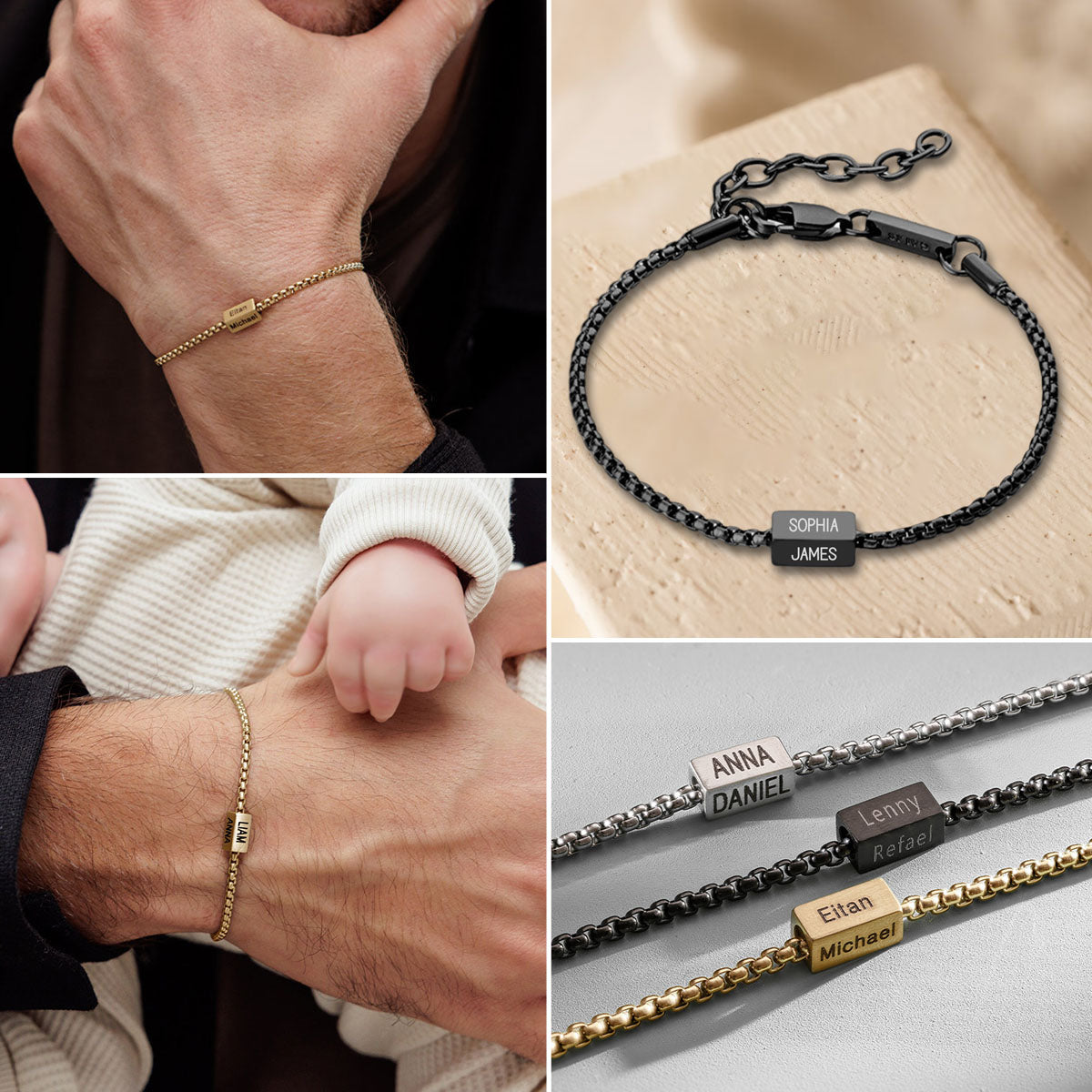 Stainless Steel Square Pearl Cube Personalized Bracelet, Gift For Dad For Husband For Him