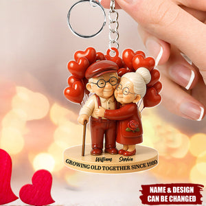 Personalized "Growing Old Together" Acrylic Keychain With Icons & Names & Year | Creative Anniversary Valentine's Day Gift For Grandparents & Couples