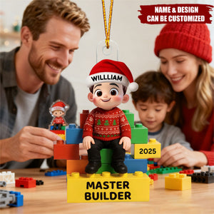 Personalized 3D Effect Little Kid Master Builder Christmas Acrylic Ornament With Name & Year & Icon - Cute Christmas Gift For Family Kids