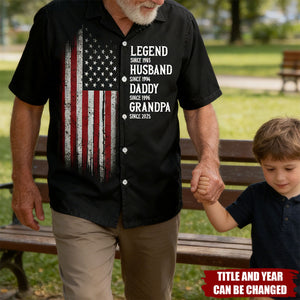 Personalized Legendary Milestone Hawaiian Shirt With Bespoke Identity Timeline & Distressed US Flag - Father's Day Gift For Grandpa & Dad