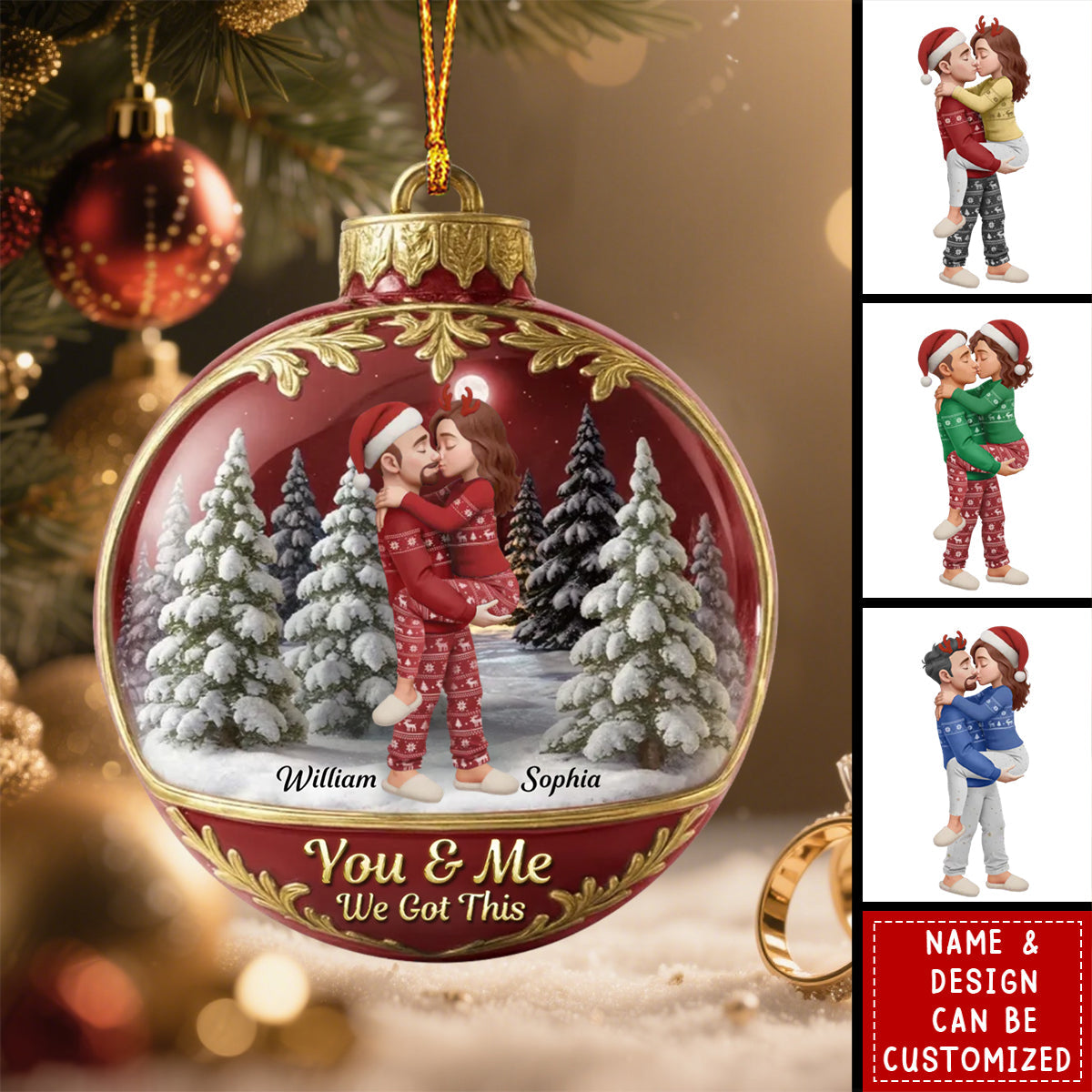 Personalized Snow Globe Kissing Couple Acrylic Ornament With Names & Design & Year & Color & Quote | Romantic First Christmas Gift For Couple