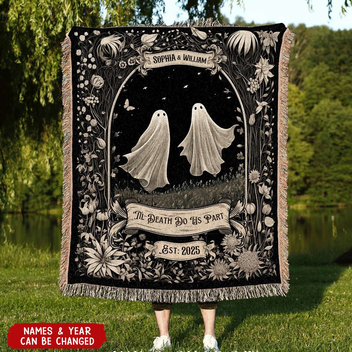 Custom "Till Death Do Us Part" Blanket - Personalized Name & Year Gothic Wedding, Anniversary & Halloween Gift For Couples & Newlyweds