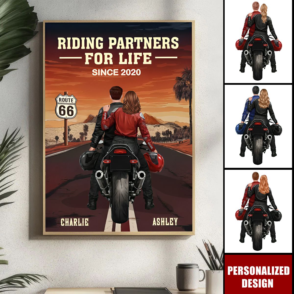 Personalized Couple Bikers Wall Art Poster With Names & Icons - Romantic Anniversary Valentine's Day Gift For Motorcycle Lovers