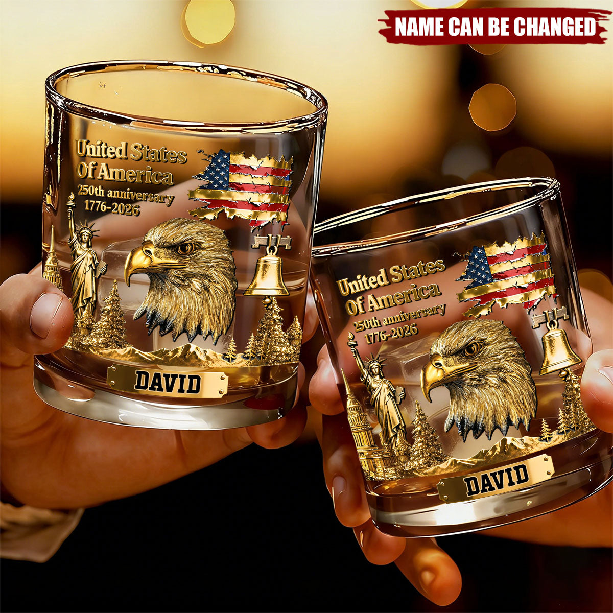 Personalized 250th Anniversary Vintage Style Whiskey Glass With Name & Bald Eagle Design - Unique Independence Day Gift For Men & Veterans