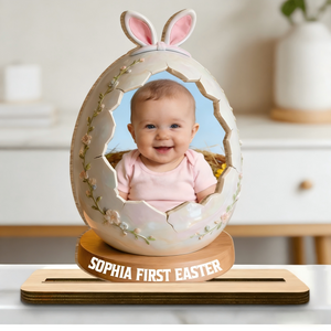 Personalized First Easter Photo Wood Plaque With Name | Gift For New Parents & Baby Lovers