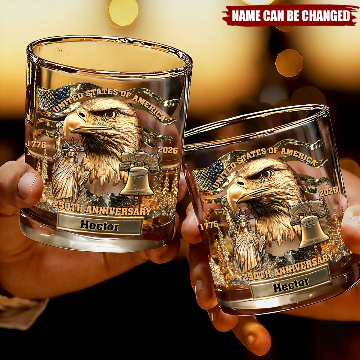 Personalized 250th Anniversary Vintage Whiskey Glass With Name & Bald Eagle - Independence Day Father's Day Gift For Grandpa Or Dad