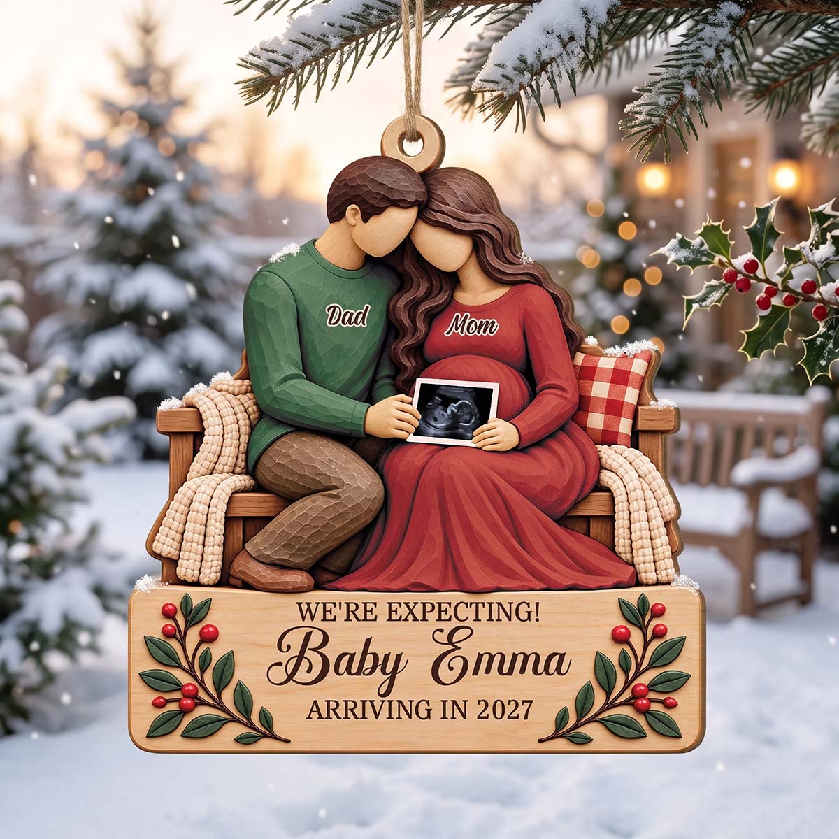 We're Expecting Personalized Wooden Ornament - Christmas Keepsake For Mom & Dad-to-Be
