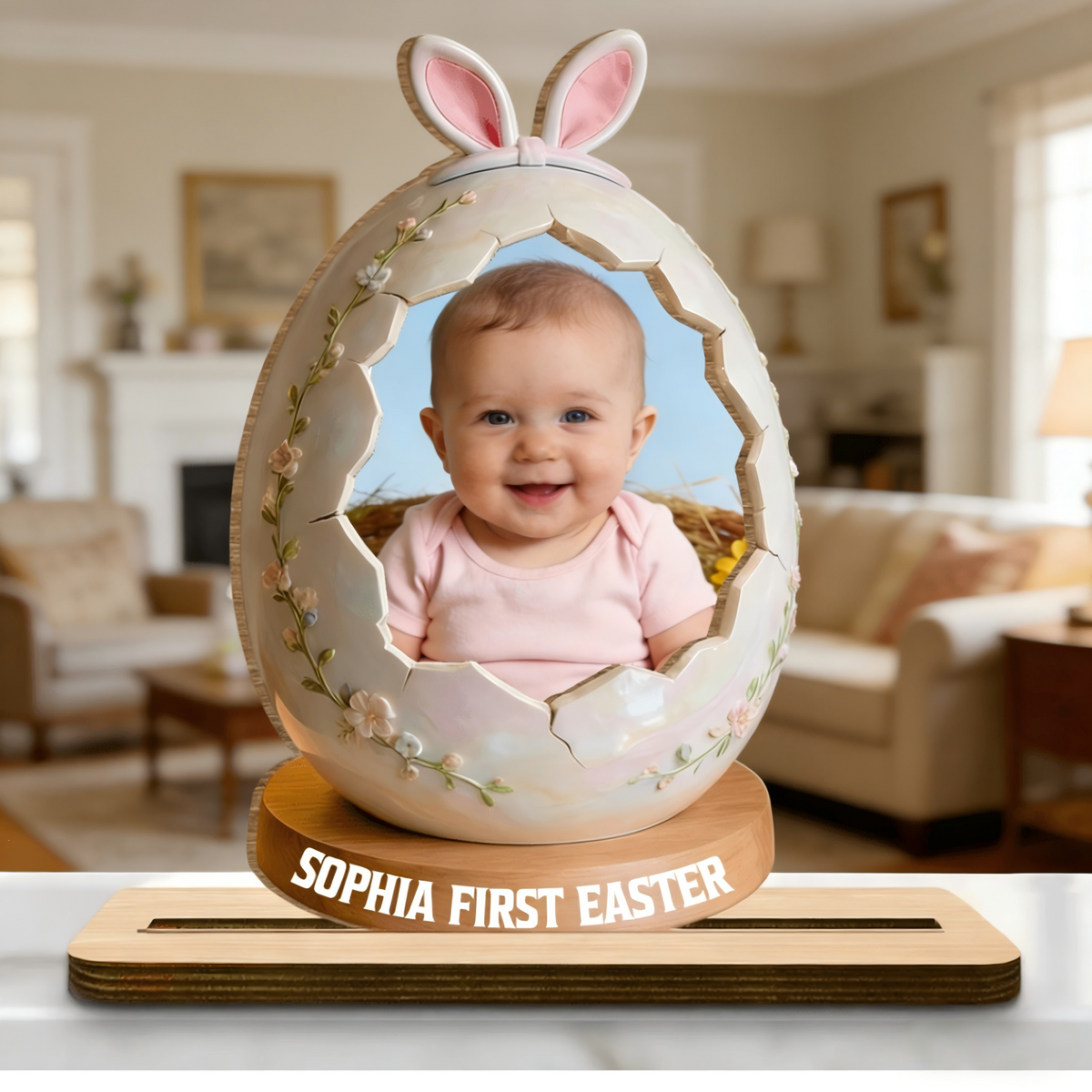 Personalized First Easter Photo Wood Plaque With Name | Gift For New Parents & Baby Lovers