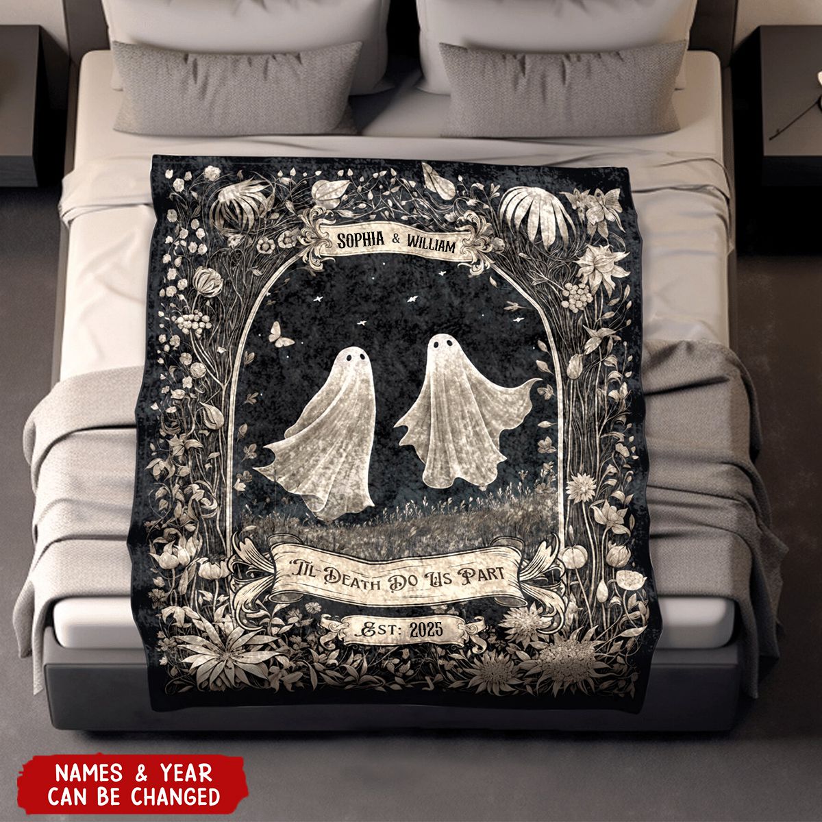 Custom "Till Death Do Us Part" Blanket - Personalized Name & Year Gothic Wedding, Anniversary & Halloween Gift For Couples & Newlyweds