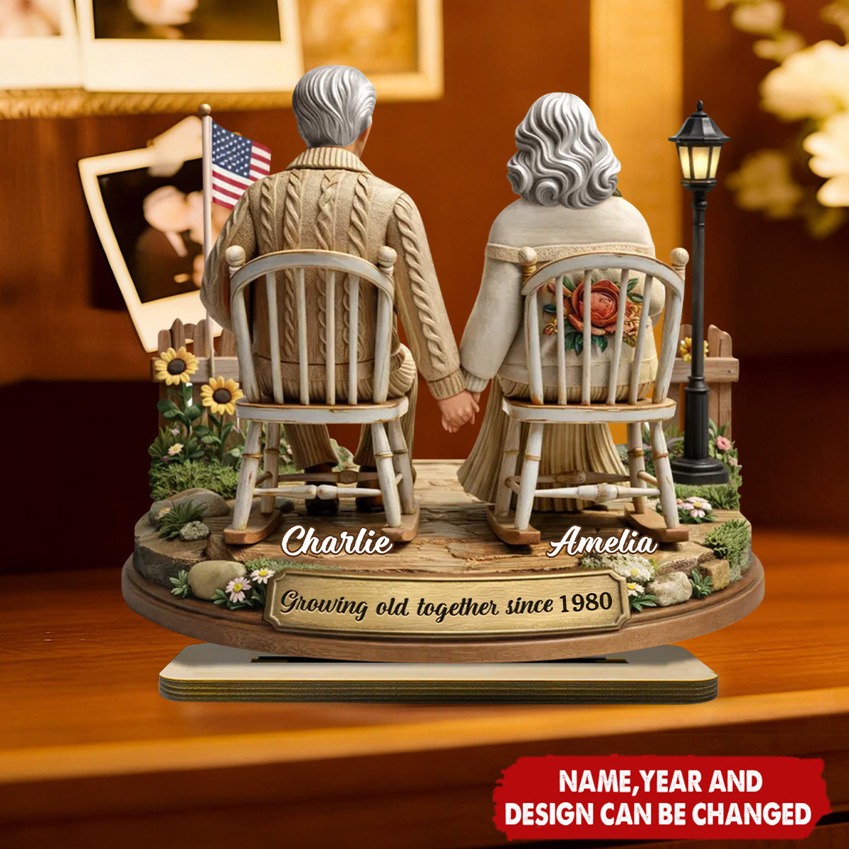 Personalized 3D Effect "Growing Old Together" Wooden Plaque With Icons & Names & Year | Anniversary Valentine's Day Gift For Grandparents Couples