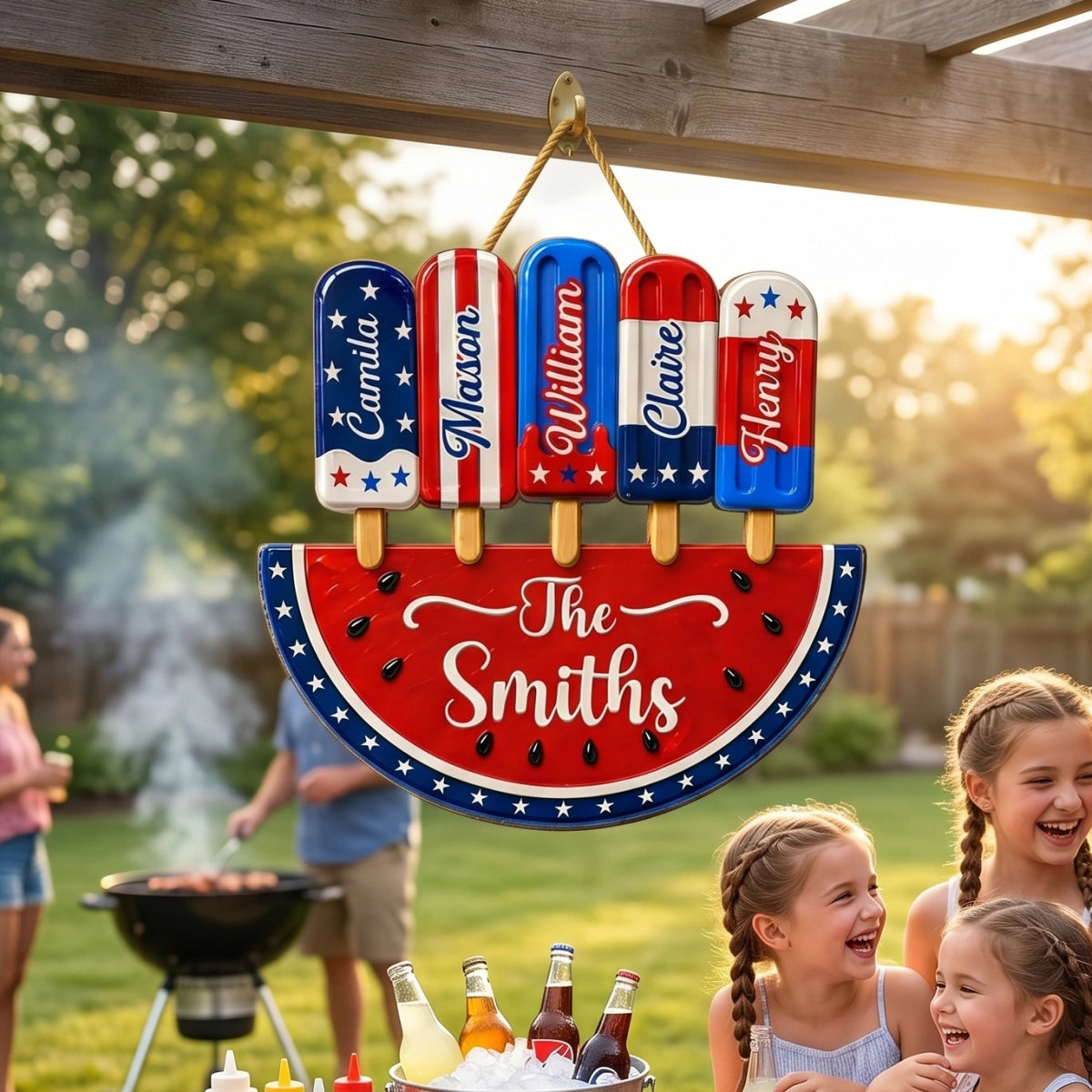 Personalized Patriotic Watermelon Wooden Sign With 1-6 Names -  4th Of July Family Summer Decor