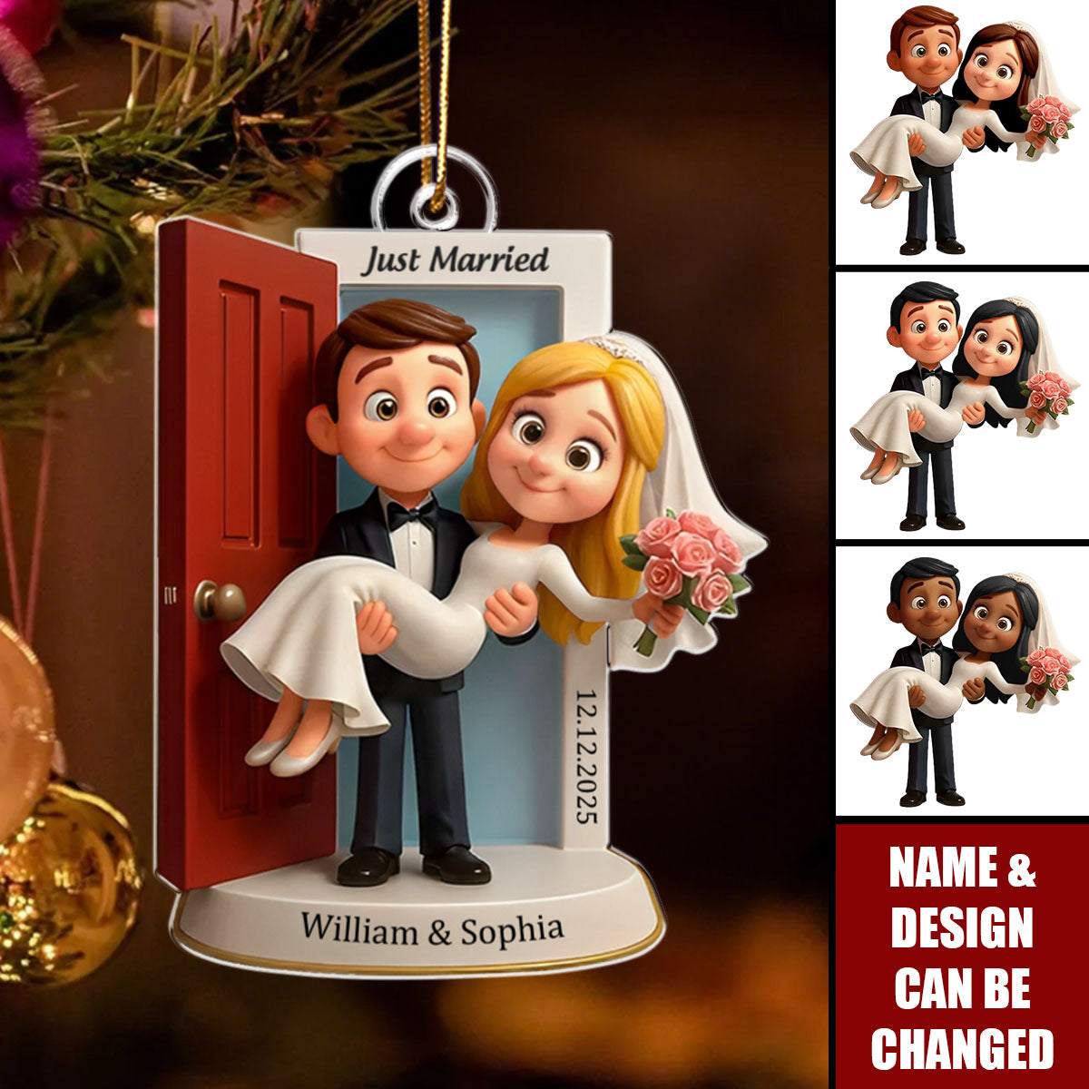 Personalized Wedding Couple Threshold Ornament With Design Names And Date,Romantic "Our First Christmas Married" Gift For Newlyweds