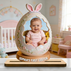 Personalized First Easter Photo Wood Plaque With Name | Gift For New Parents & Baby Lovers